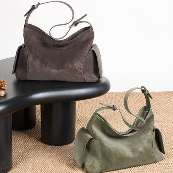Urban Nomad Genuine Leather Bag | Large Slouchy Shoulder Bag with Side Pockets