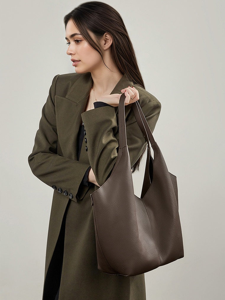 The Ethereal V-Cut Genuine Leather Bag | Minimalist Pebbled Hobo Tote