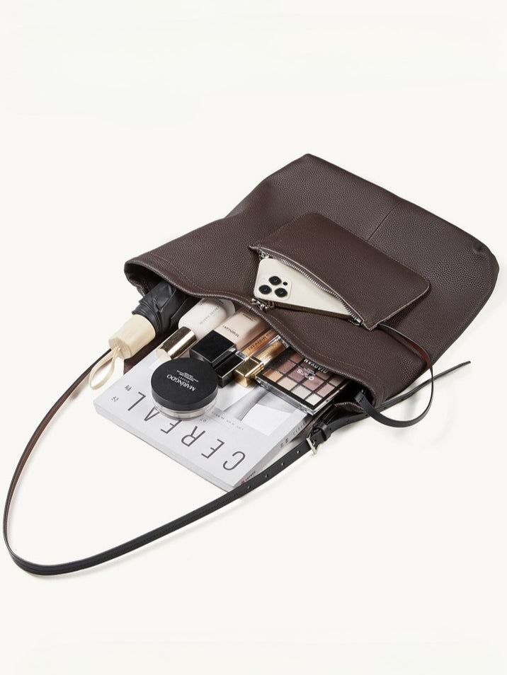 The Nocturne Flow Genuine Leather Tote Bag with Adjustable Strap & Detachable Pouch