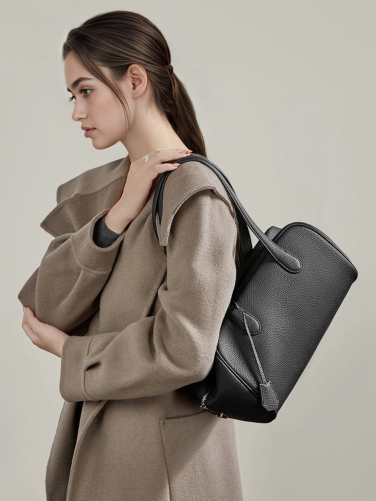The Modern East-West Genuine Leather Bag | Minimalist Pebbled Bowling Tote