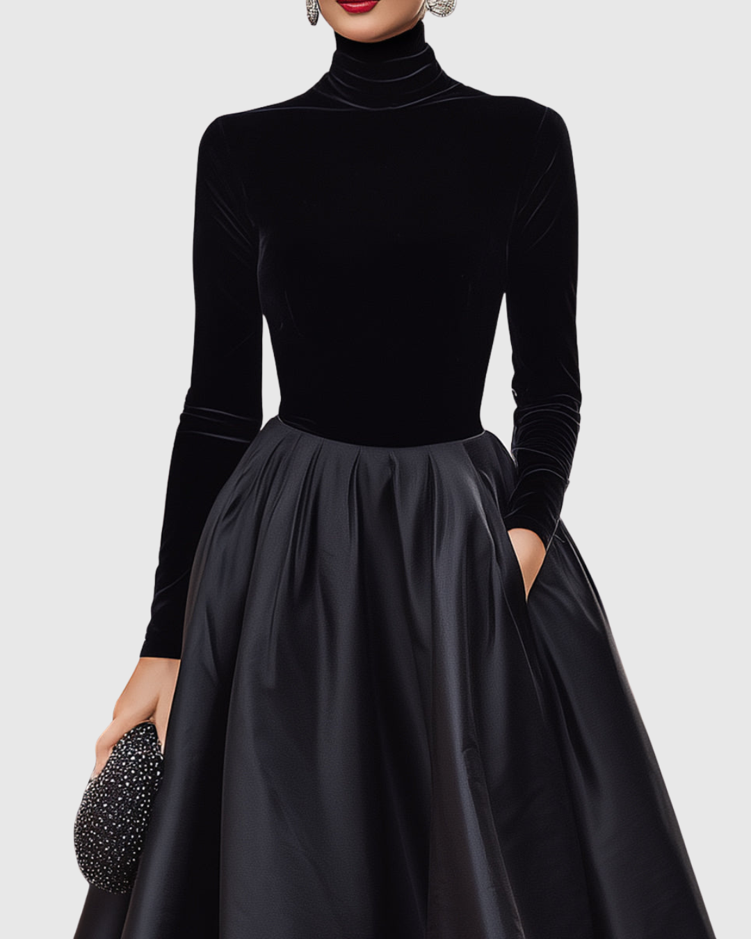 Aradia - Elegant Black Velvet and Satin Midi Dress