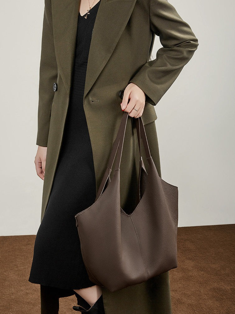 The Ethereal V-Cut Genuine Leather Bag | Minimalist Pebbled Hobo Tote