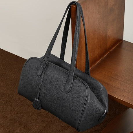 The Modern East-West Genuine Leather Bag | Minimalist Pebbled Bowling Tote