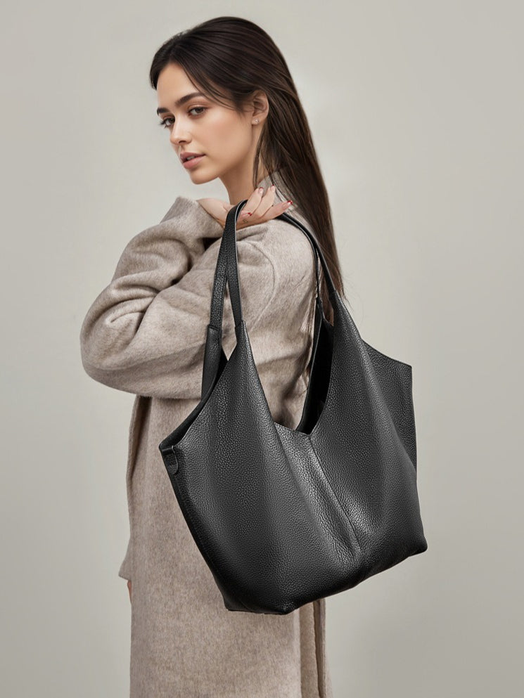 The Ethereal V-Cut Genuine Leather Bag | Minimalist Pebbled Hobo Tote