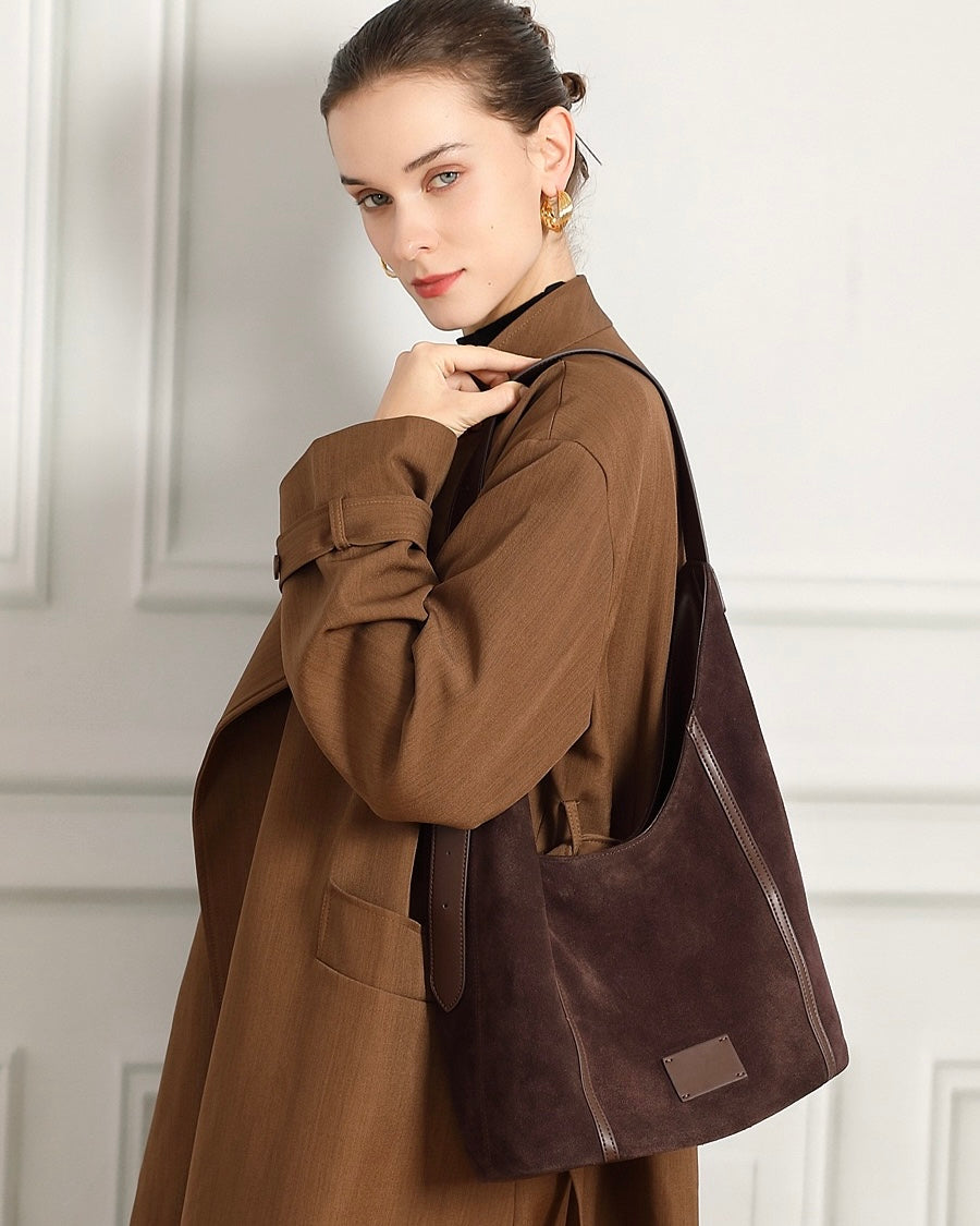 Women's Suede Structured Hobo Bag with Contrast Stitching