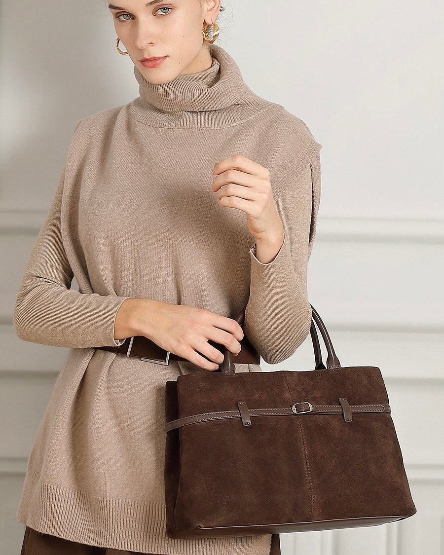 Retro Suede Structured Genuine Leather Tote Bag
