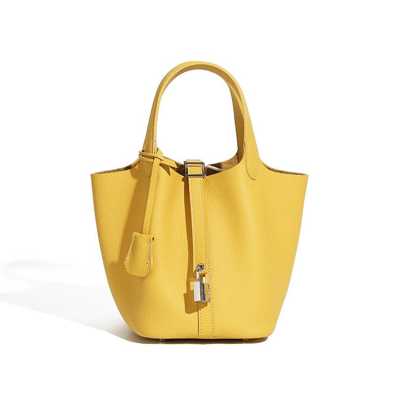 Women's Genuine Leather Silver Buckle Basket Bag