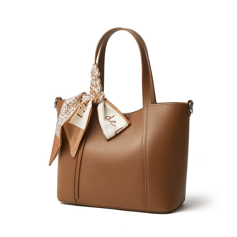 Women's Genuine Leather Handbag with Signature Ribbon Embellishment