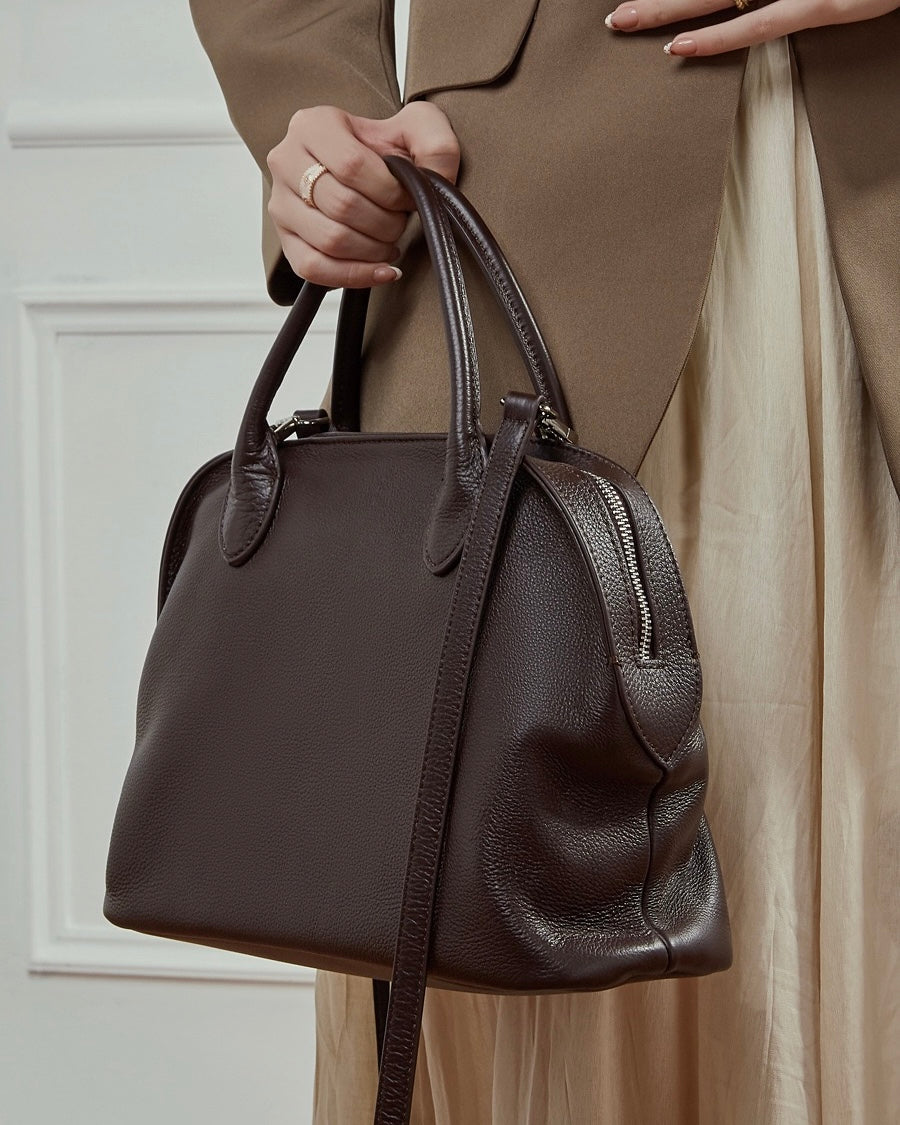 Grained Leather Dome Satchel with Dual Carry Options