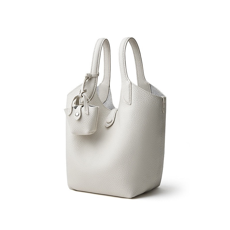 Women's Elegant Pebbled Leather Bucket Bag with Mini Pouch