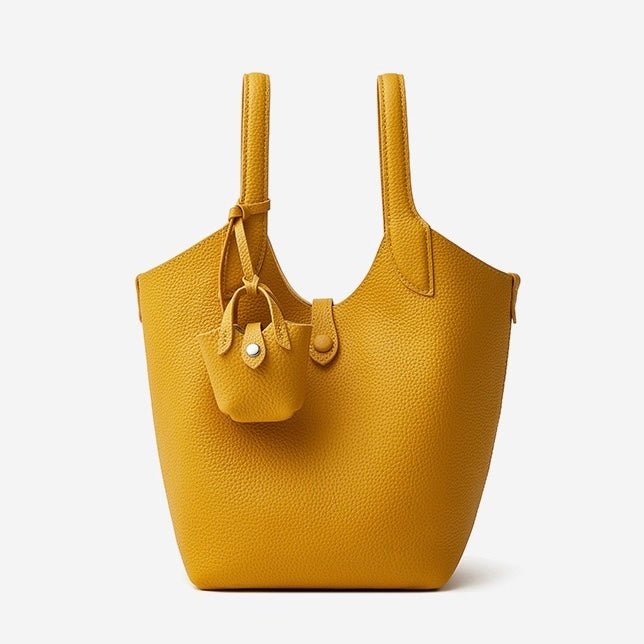 Women's Elegant Pebbled Leather Bucket Bag with Mini Pouch