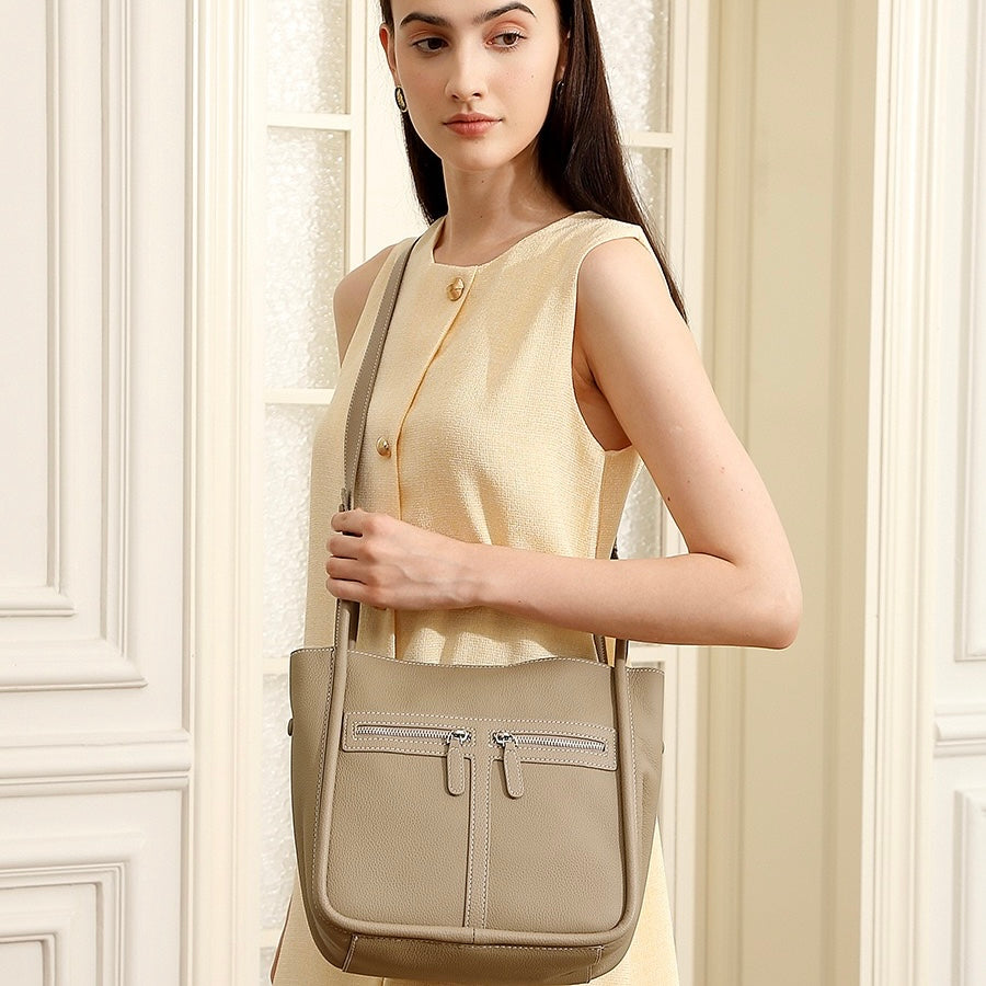Women's Top Grain Leather Niche Luxury Bag – Dual-Zip Design with Removable Liner