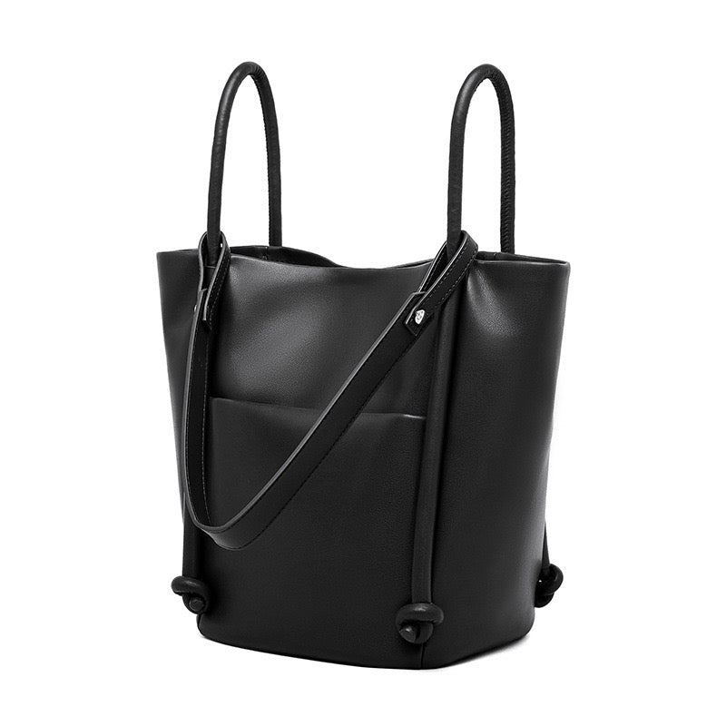 Women's Camel Knot-Detail Genuine Leather Bucket Bag