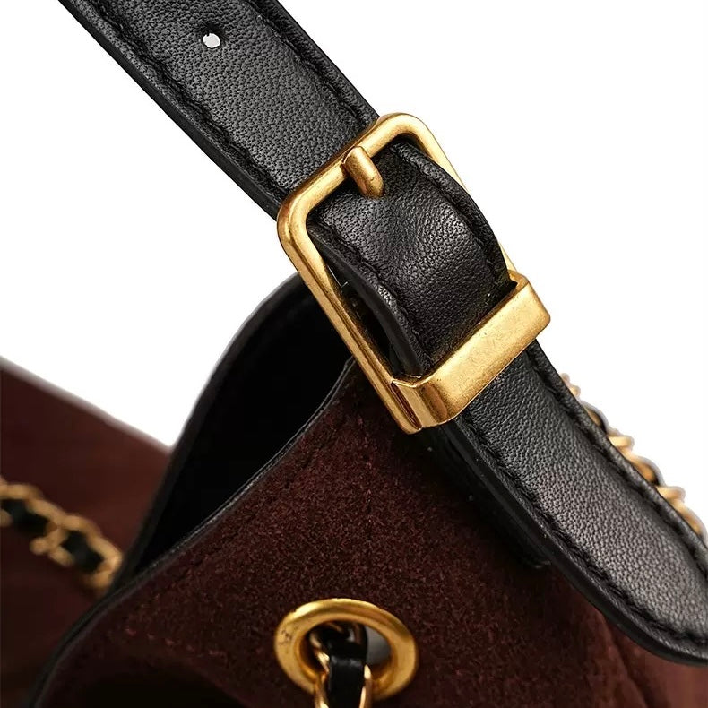Suede Genuine Leather Color Block Chain Bucket Bag