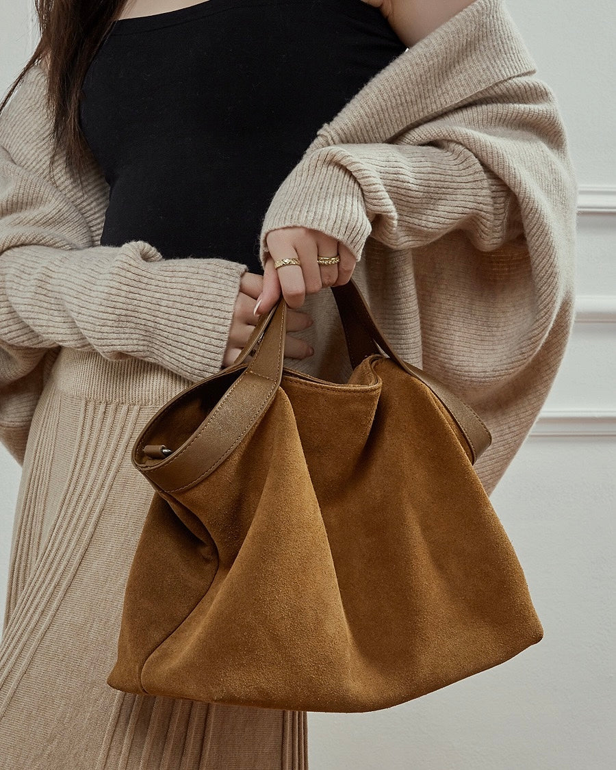 Chocolate Suede & Genuine Leather Structured Tote Bag