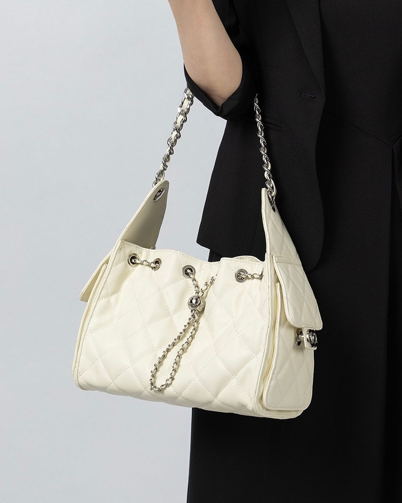 Genuine Leather Caviar Pattern Large Capacity Bucket Shoulder Bag