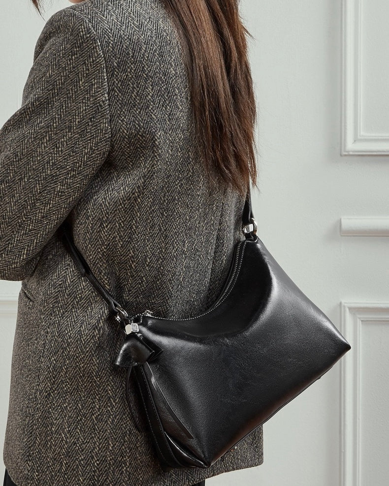 Women's Genuine Leather Hobo Bag with Knotted Strap & Bow Detail