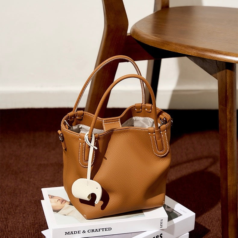 Women's Genuine Leather Bucket Bag with Little Elephant Pendant