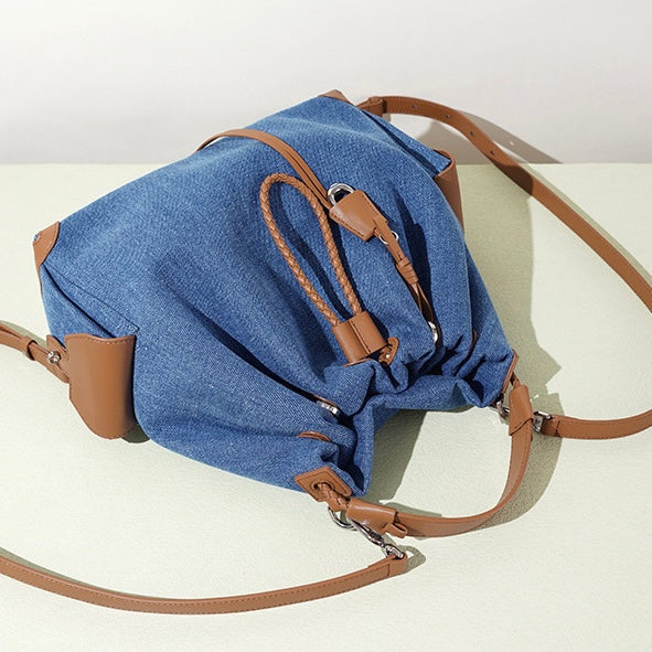 Women's Genuine Leather Denim Patchwork Cool Travel Backpack