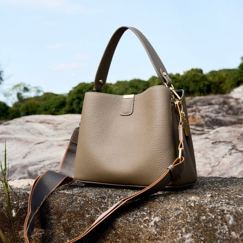 Classic Gold-Trimmed Genuine Leather Bucket Handbag
