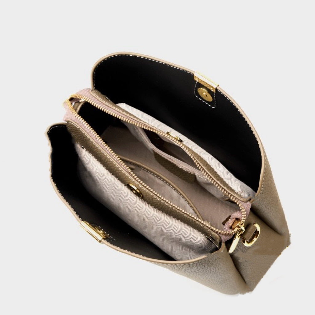 Classic Gold-Trimmed Genuine Leather Bucket Handbag
