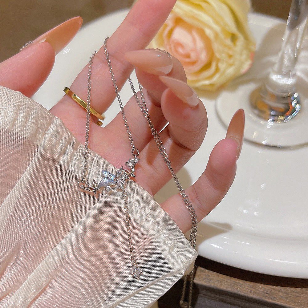 Butterfly Hanging on Stars Necklace