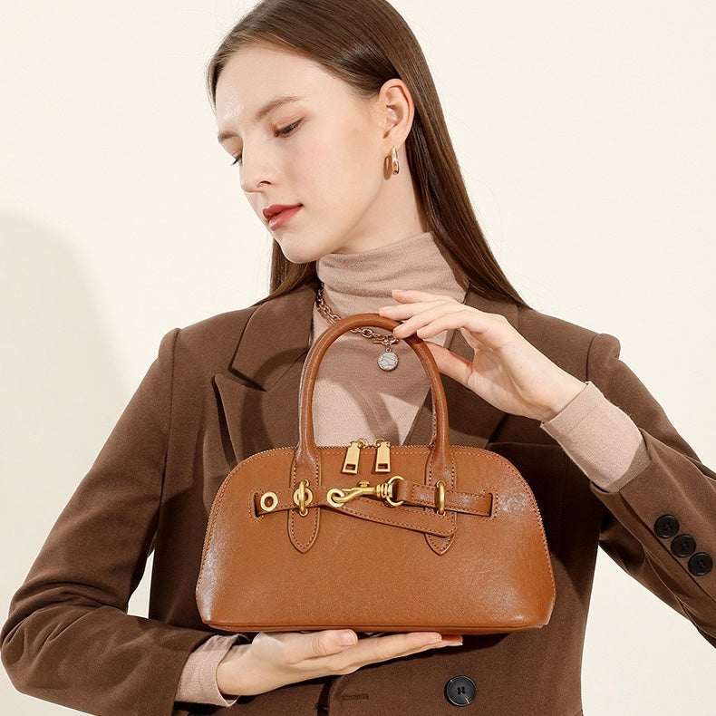 Women's Genuine Leather Shell Bag Vintage Elegant Top Handle Shoulder Crossbody Bag