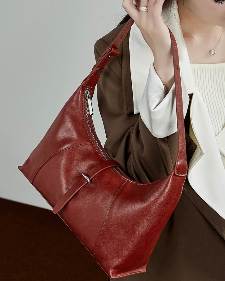 Women's Retro Crescent Genuine Leather Hobo Bag