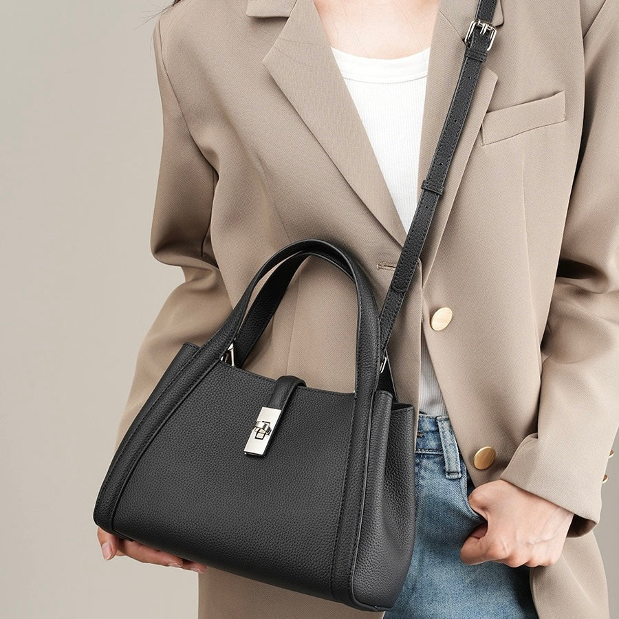 Women's Top-Grain Leather Handheld Crossbody Bag with Lock Closure