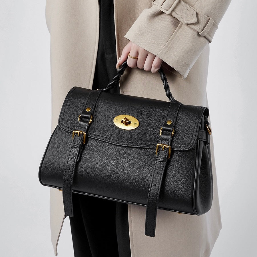 Classic Buckle-Detail Leather Satchel with Braided Handle