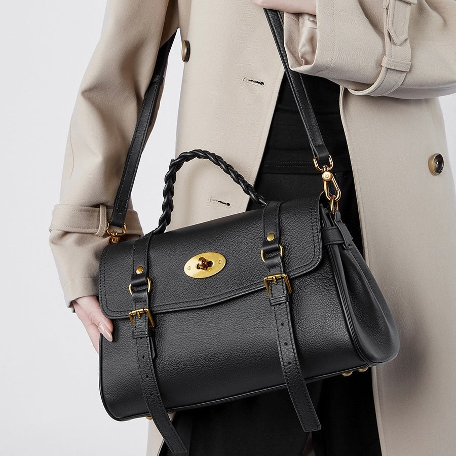 Classic Buckle-Detail Leather Satchel with Braided Handle