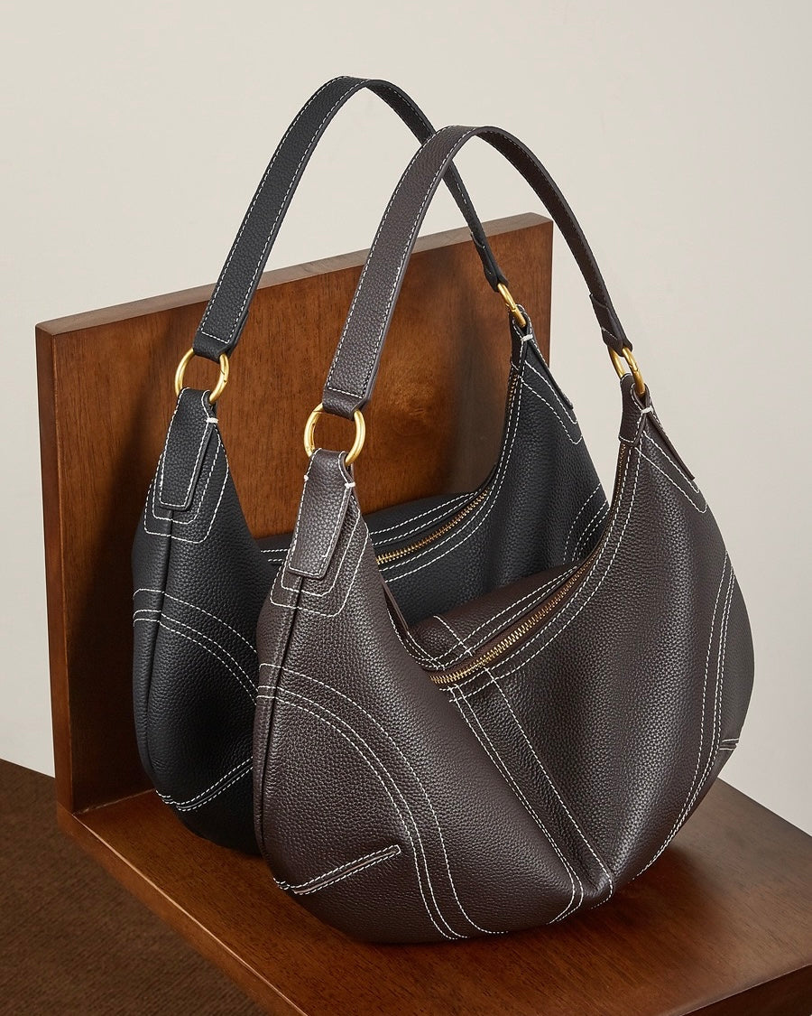 Contrast Stitch Half-Moon Genuine Leather Bag - Versatile 2-Way Carry Hobo