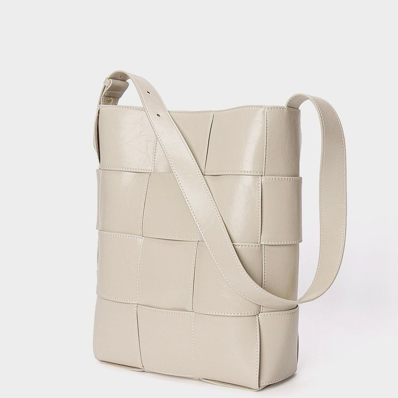 Beige Woven Leather Bucket Shoulder Bag