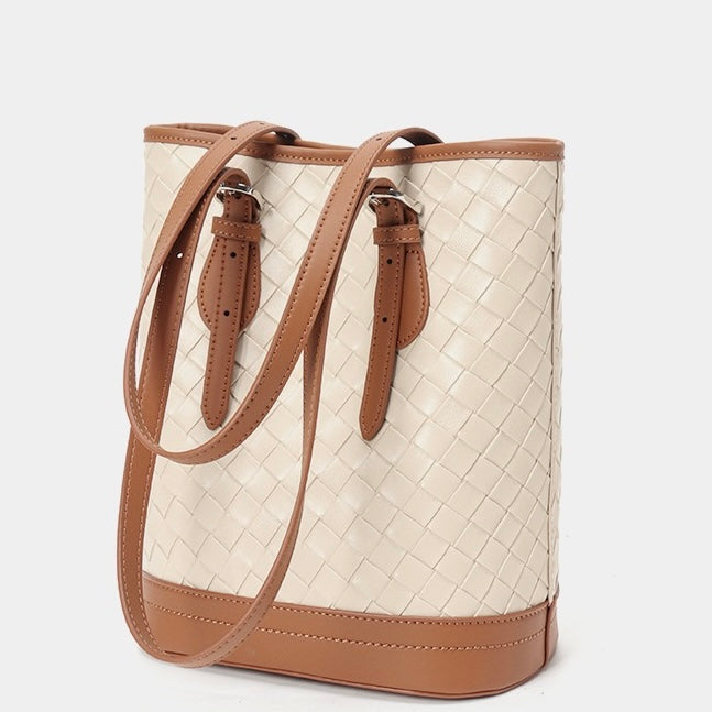 Woven Genuine Leather Color Block Bucket Tote Bag