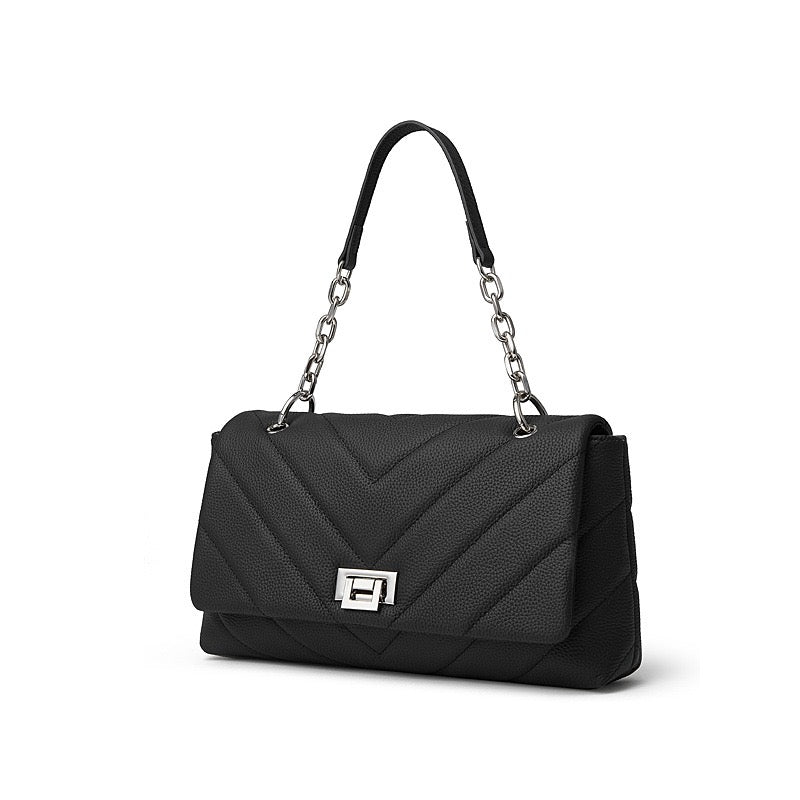 Chain-Embellished V-Quilted Genuine Leather Shoulder Bag