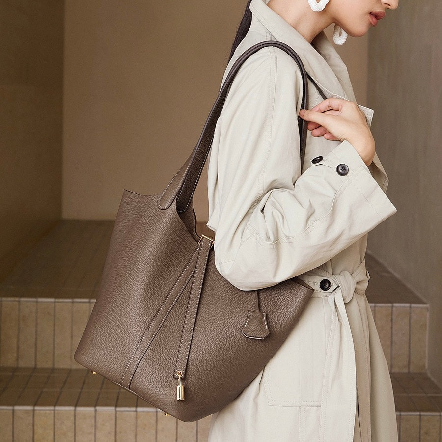 Textured Genuine Leather Tote Bag with Gold Buckle