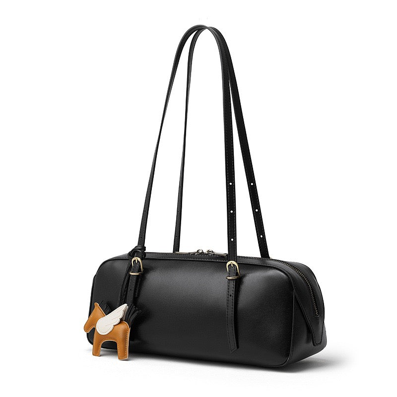 Women's Genuine Leather Retro Bowling Bag with Horse Charm