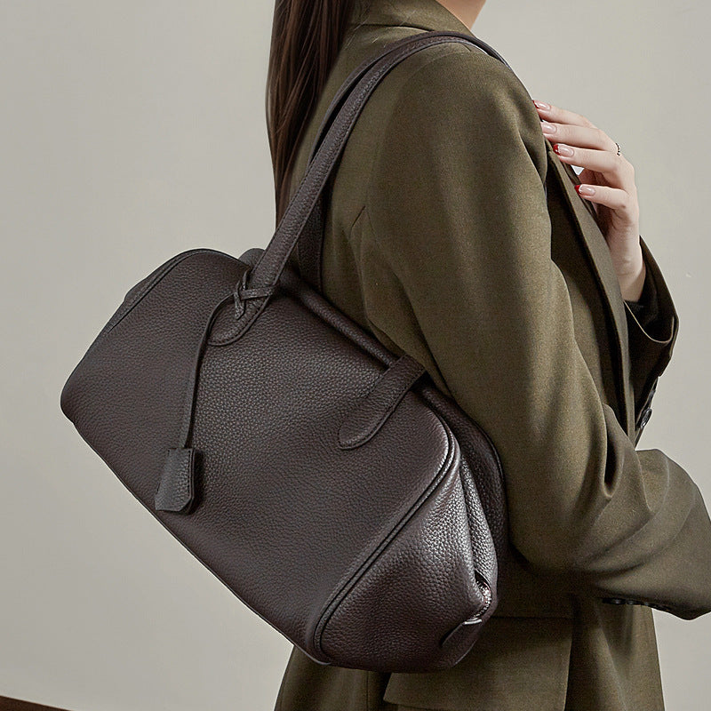 The Modern East-West Genuine Leather Bag | Minimalist Pebbled Bowling Tote