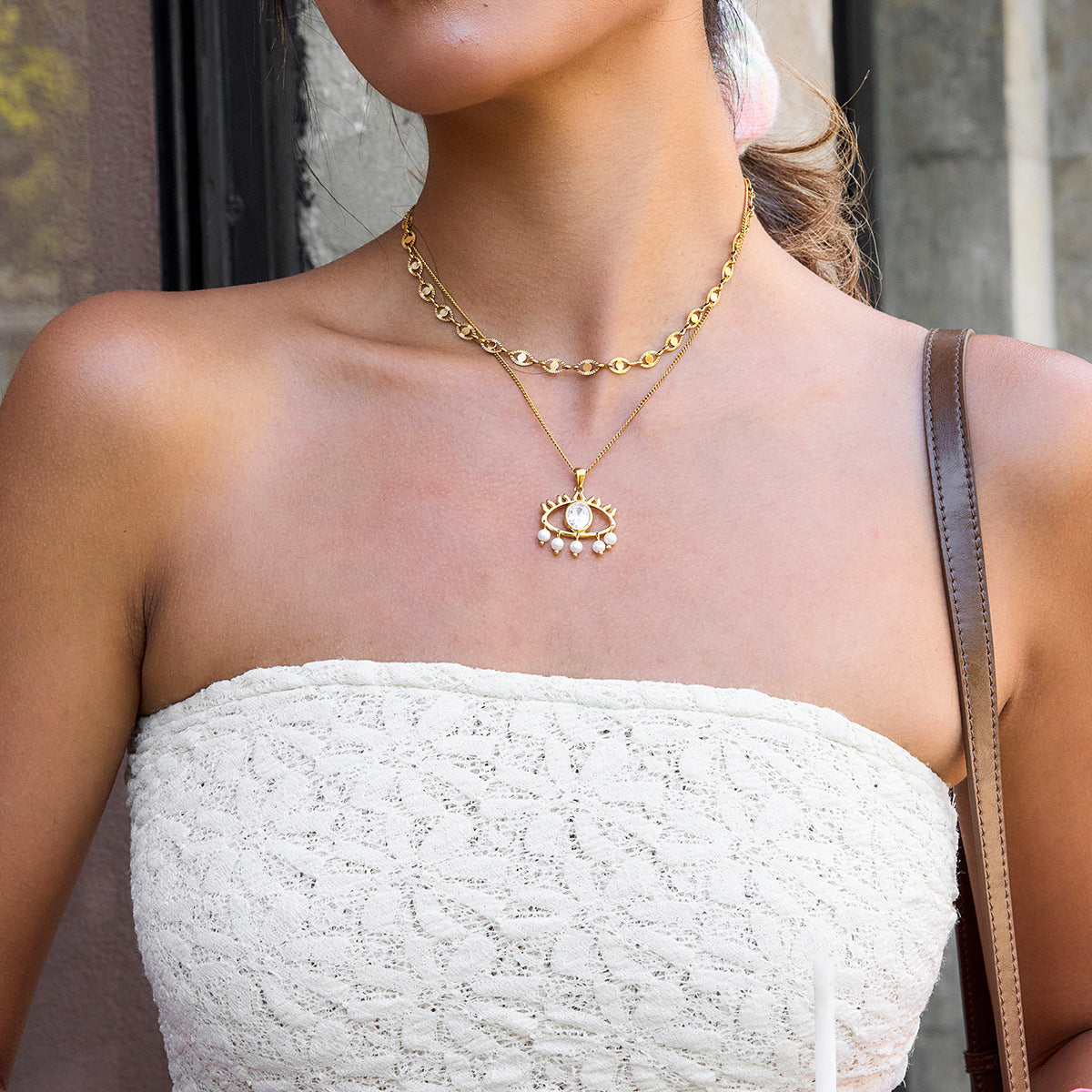 Vintage White Zircon Evil Eye Necklace with Pearls
