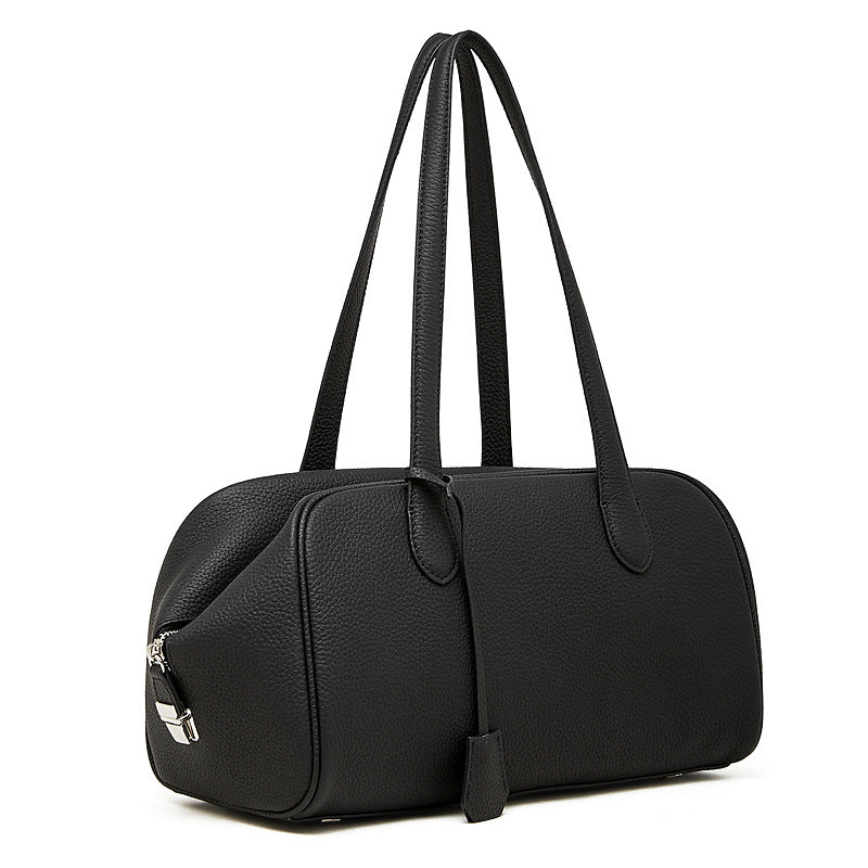 The Modern East-West Genuine Leather Bag | Minimalist Pebbled Bowling Tote