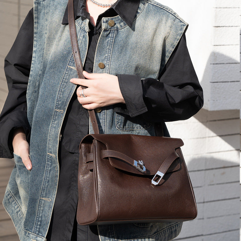 Vintage Lock-Accent Satchel Crossbody Genuine Leather Bag