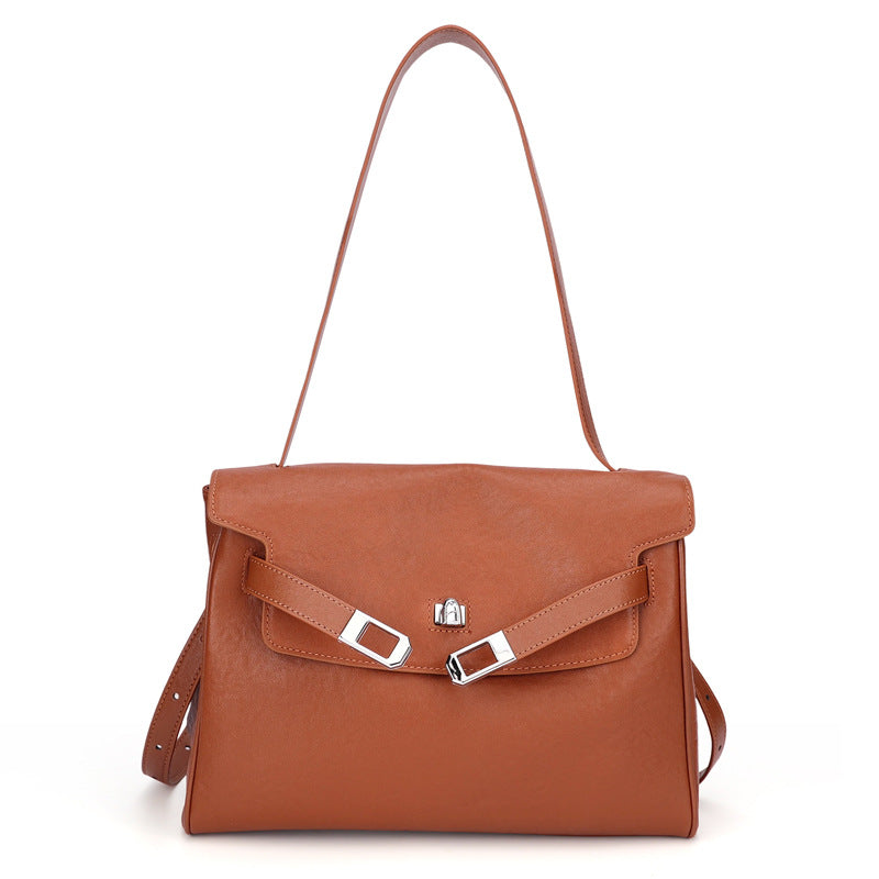 Vintage Lock-Accent Satchel Crossbody Genuine Leather Bag