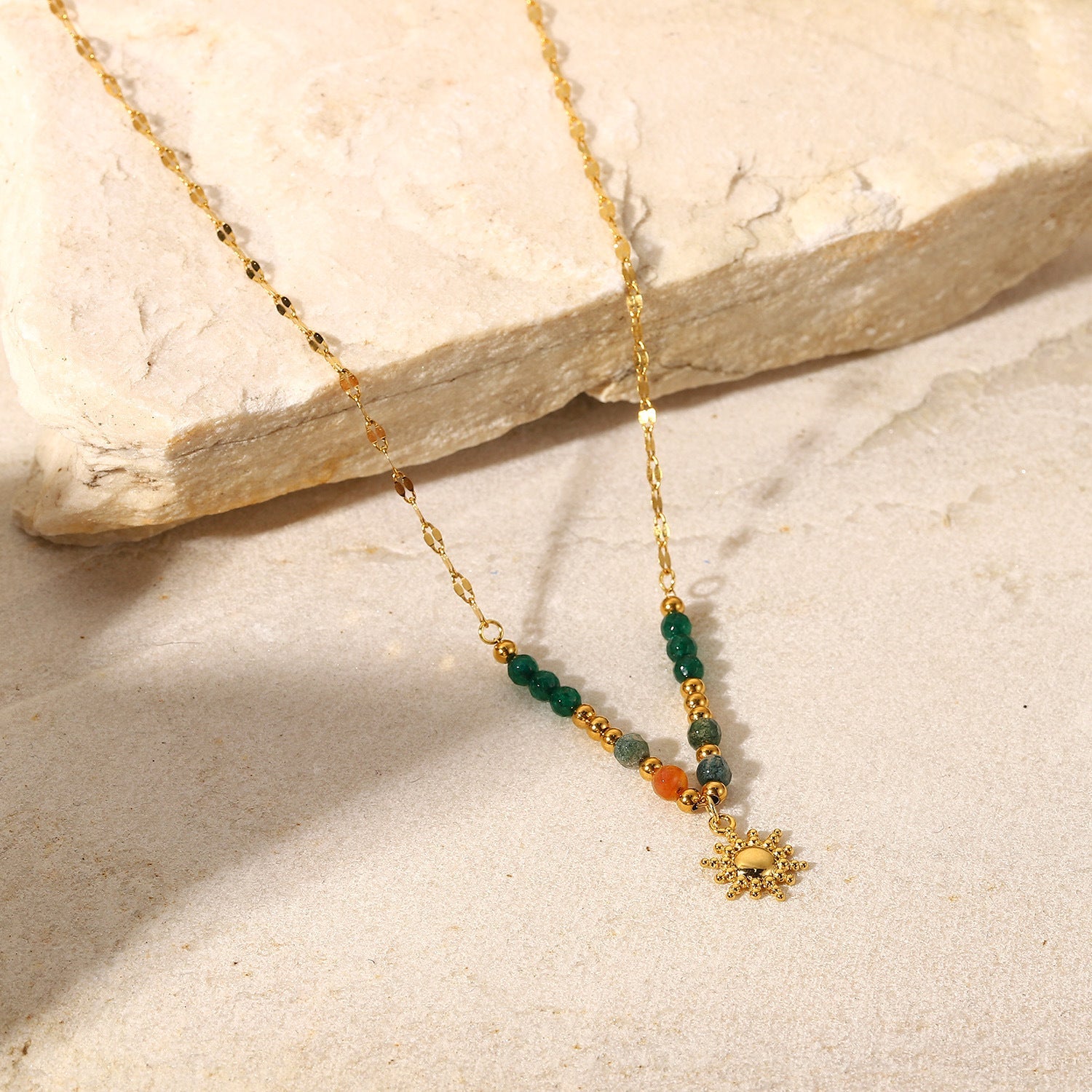 Sun Pendant Natural Stone Beaded Necklace
