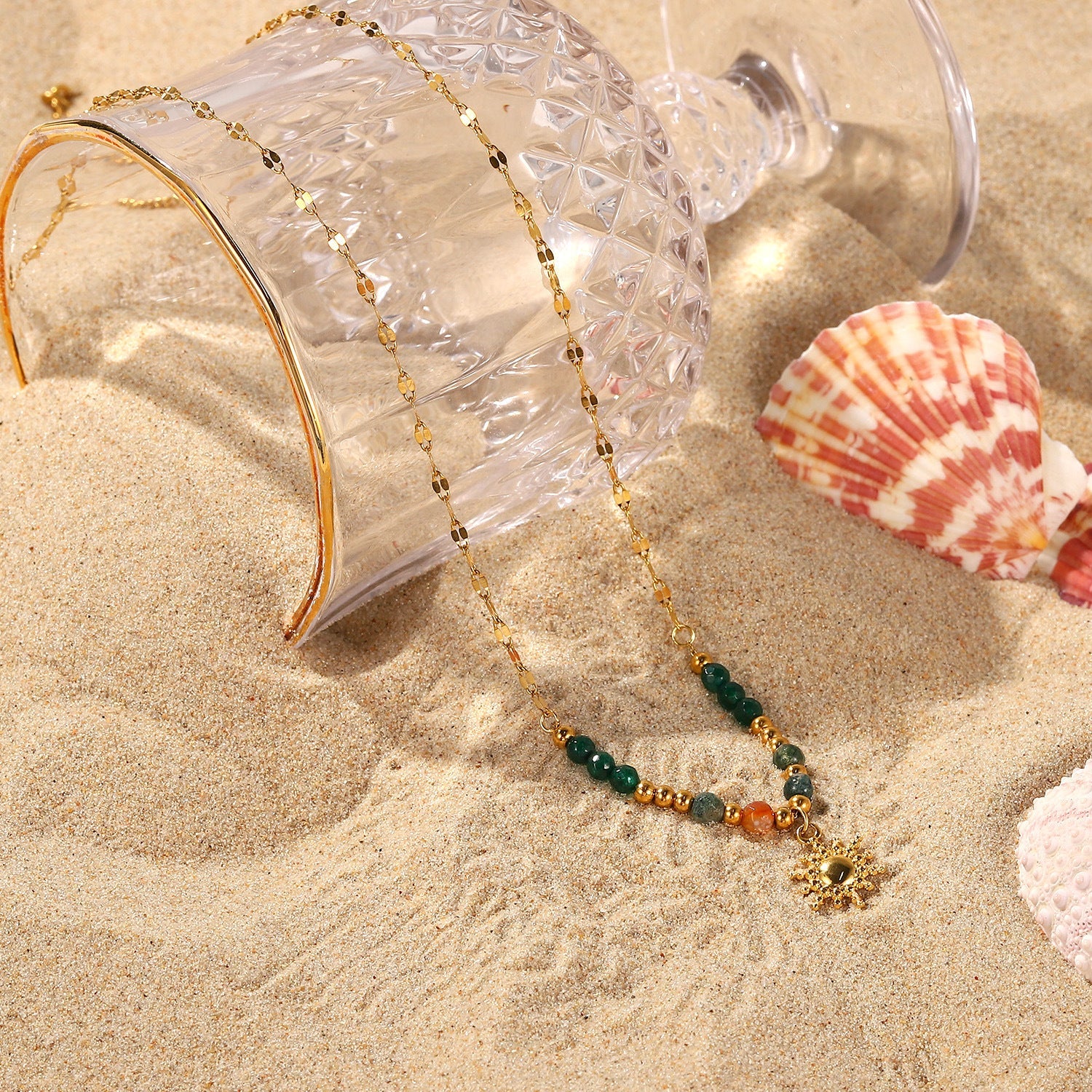 Sun Pendant Natural Stone Beaded Necklace