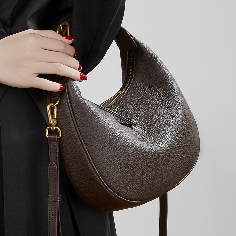 Modern Half-Moon Genuine Leather Bag - Versatile 2-Way Carry Pebbled Hobo