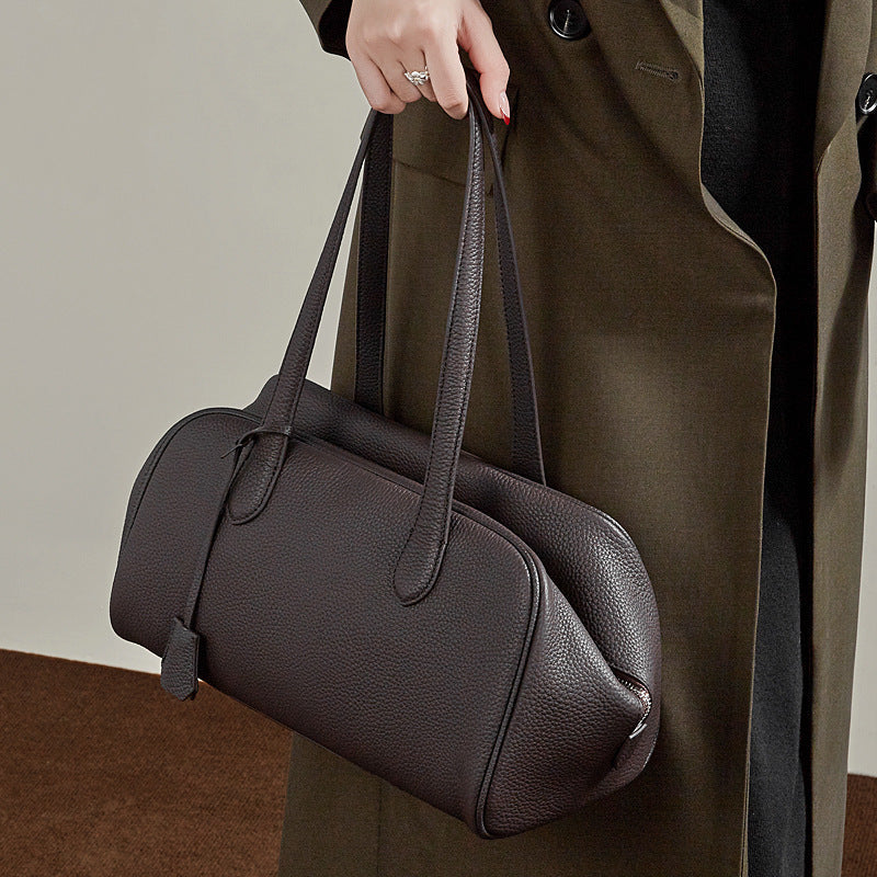 The Modern East-West Genuine Leather Bag | Minimalist Pebbled Bowling Tote