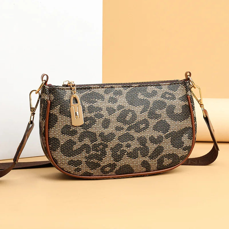 Women Casual Leopard Print Leather Crossbody Bag, Faux Leather Trimmed Shoulder Purse with Gold Accents, Versatile Fashionable