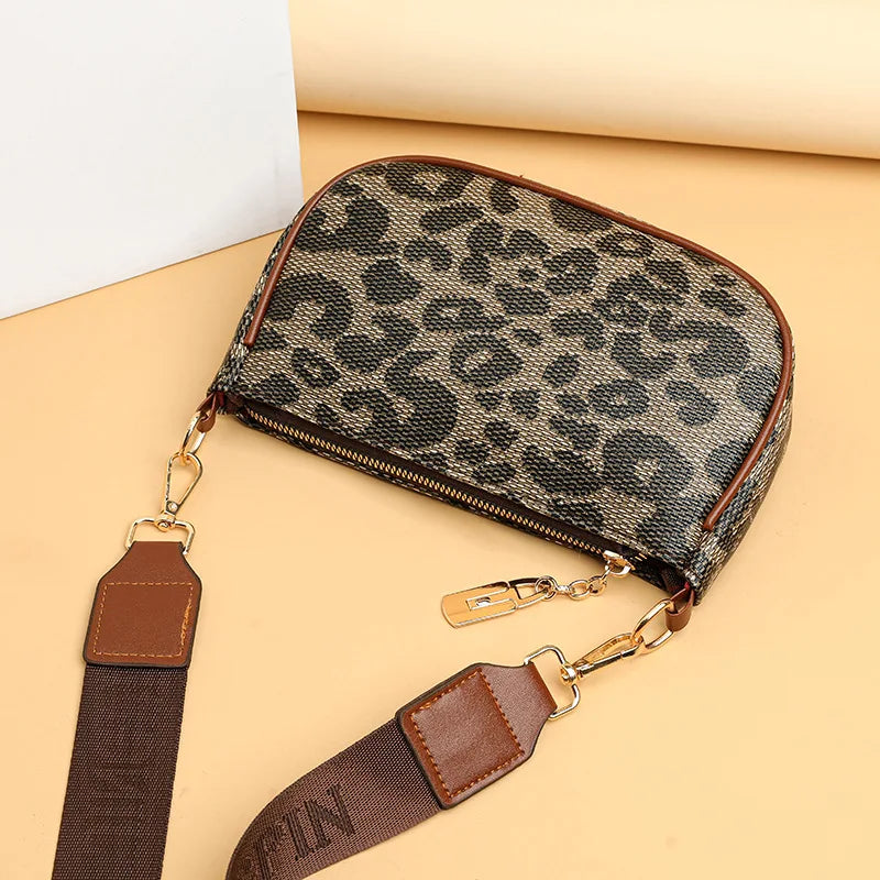 Women Casual Leopard Print Leather Crossbody Bag, Faux Leather Trimmed Shoulder Purse with Gold Accents, Versatile Fashionable