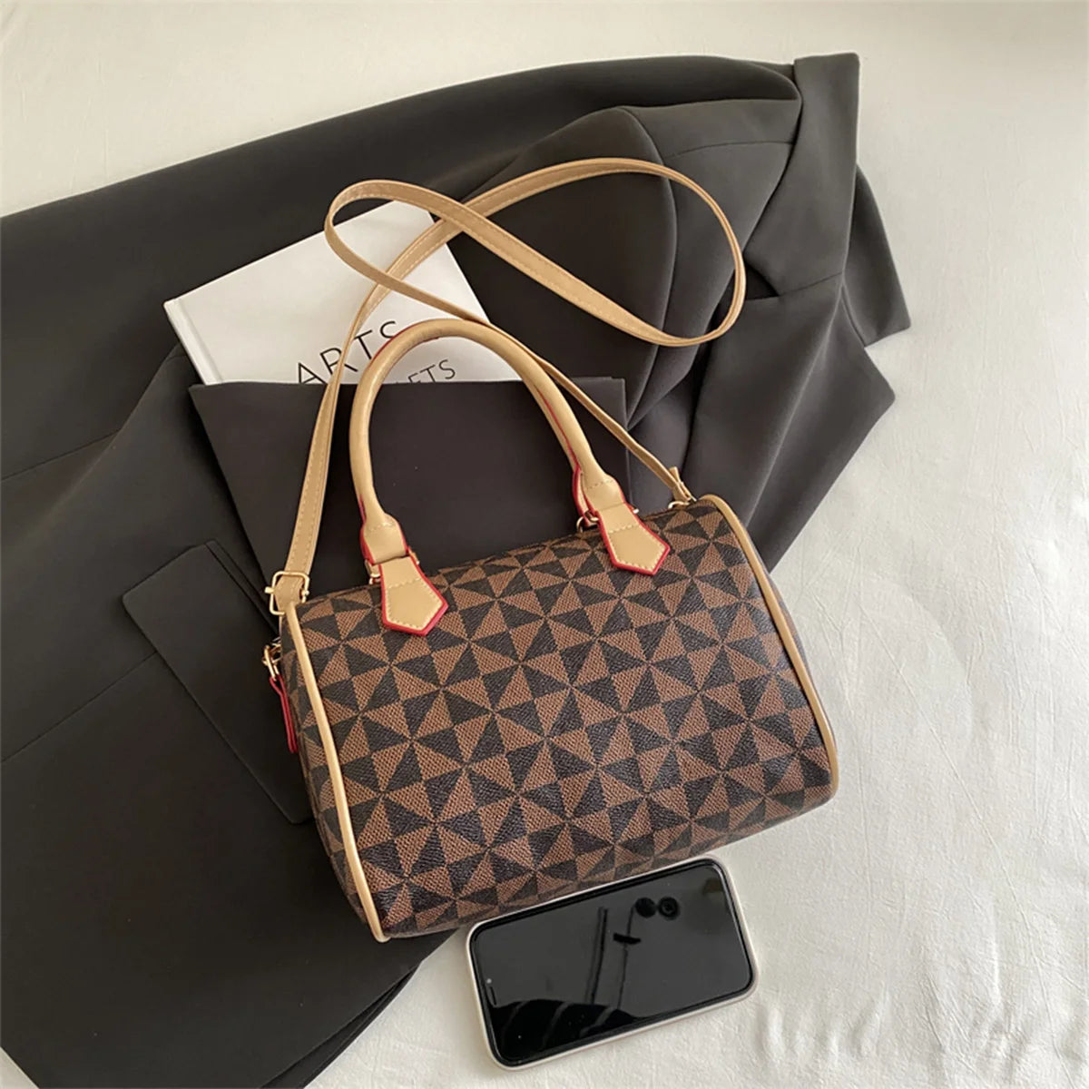 Fashion Business Crossbody Bag Windmill Print PU Color Block Trim Large Capacity Zipper Adjustable Strap Handbag for Daily Use