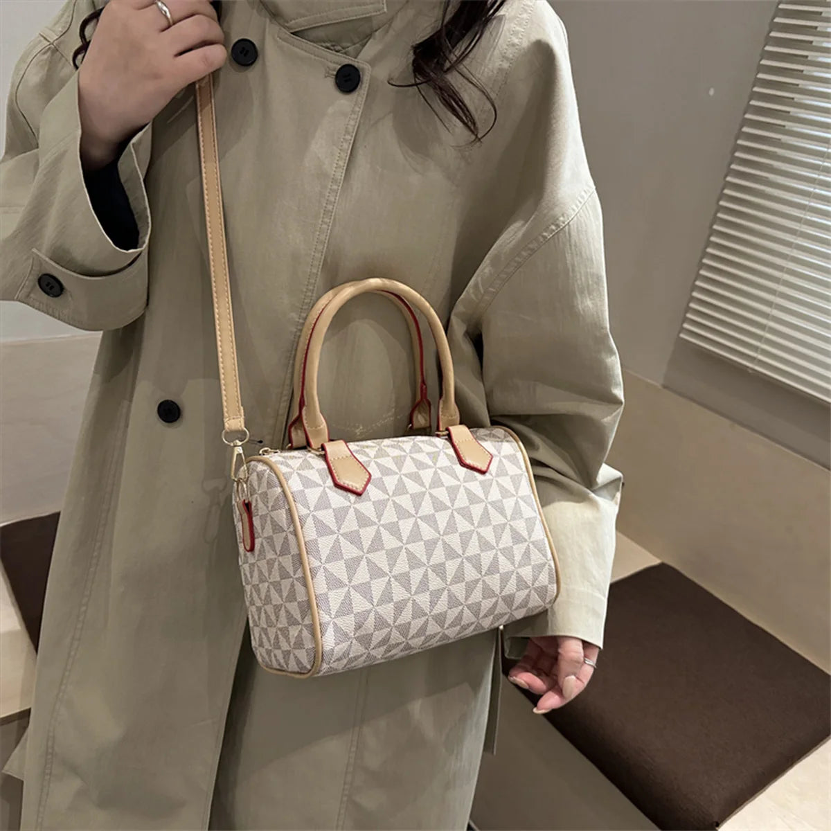Fashion Business Crossbody Bag Windmill Print PU Color Block Trim Large Capacity Zipper Adjustable Strap Handbag for Daily Use